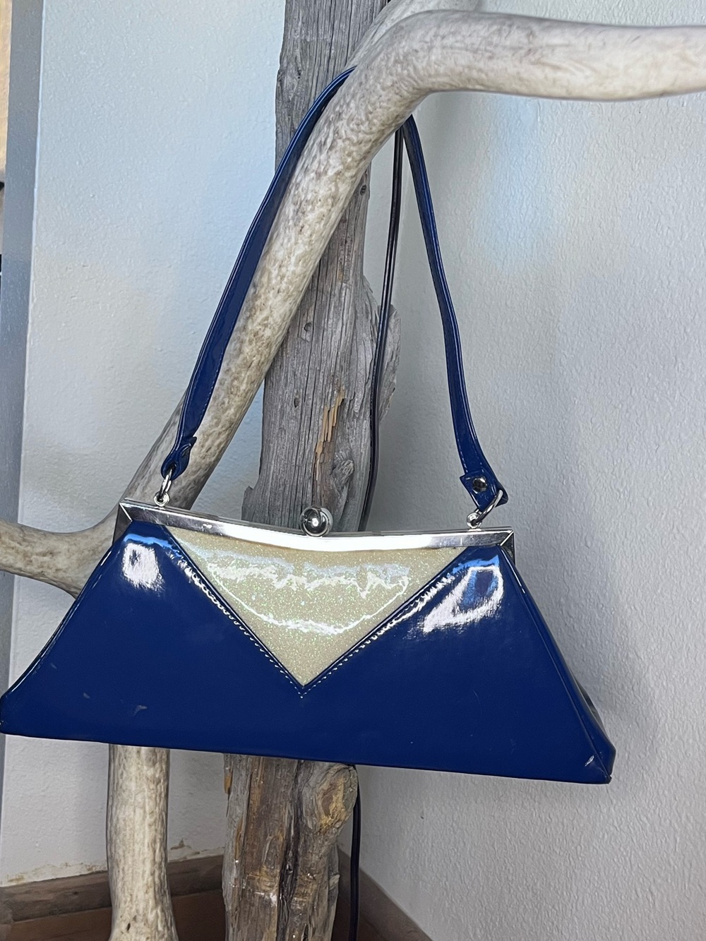 Tatyana Navy Patent Handbag with Glitter Cream Accent